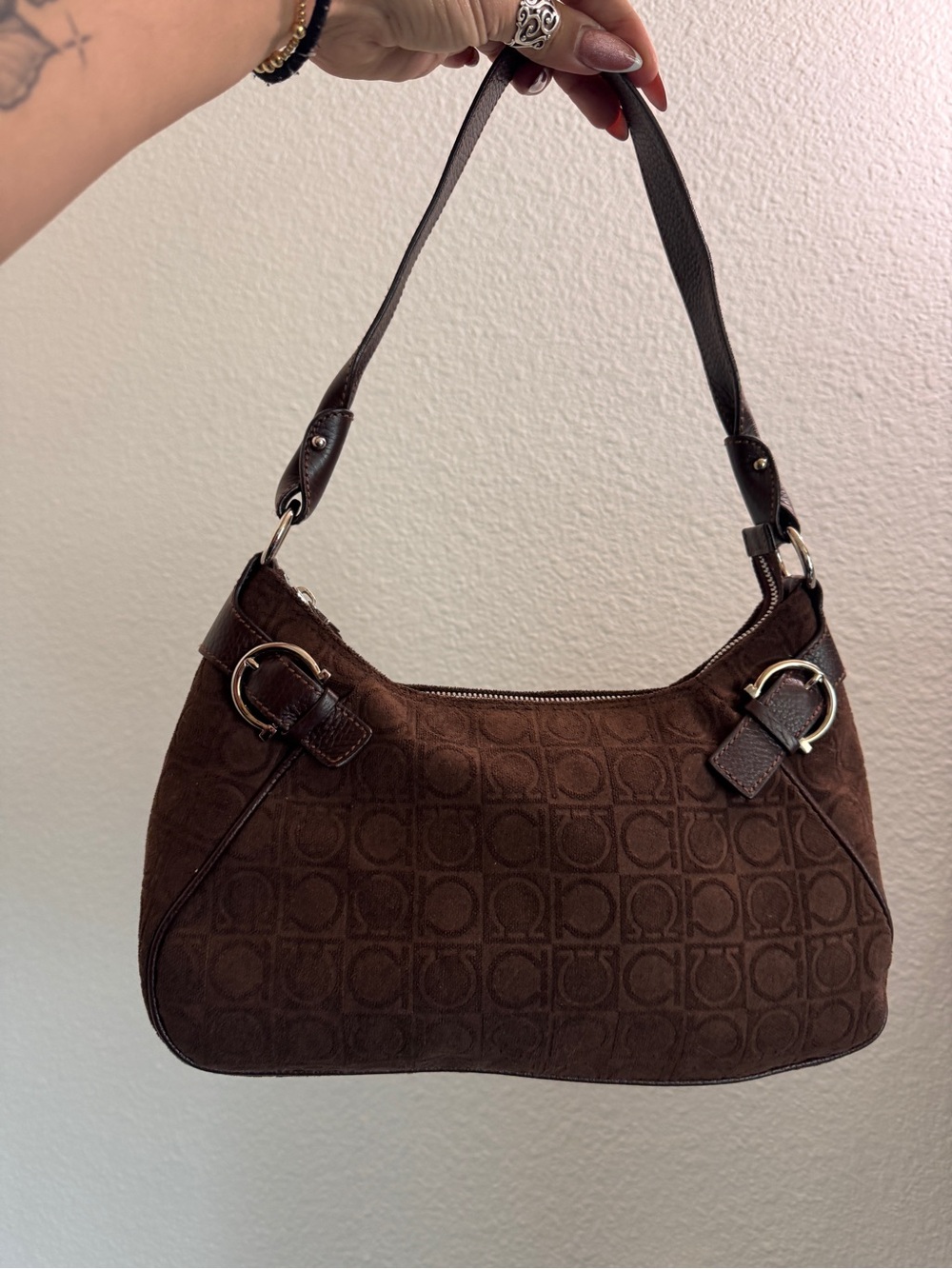 Salvatore Ferragamo Brown Gancini Velour Shoulder Bag